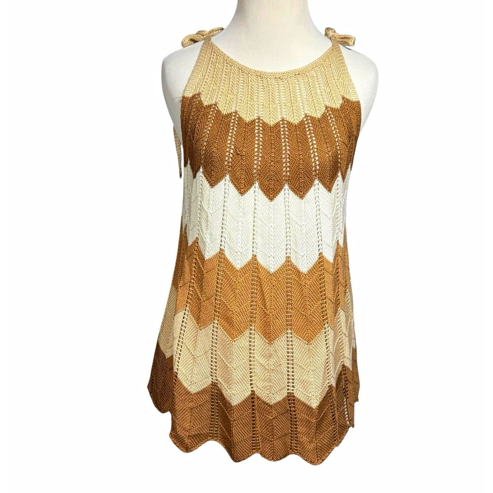 Cato Crochet Knit Top Size L Brown Cream Chevron Boho Tie Shoulder Retro Tank